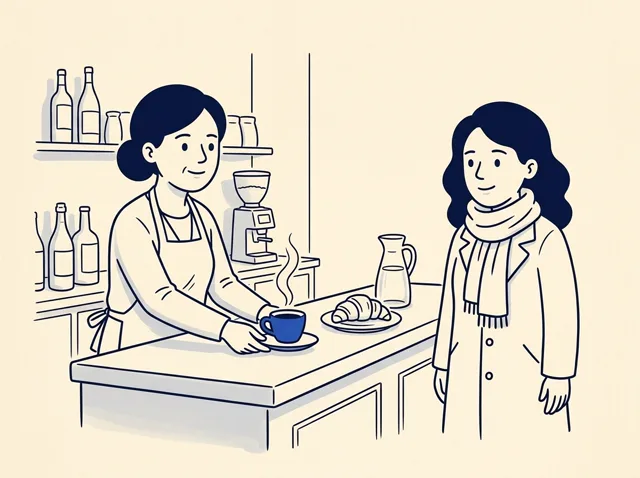 Num café de bairro, Camille entrega uma xícara de café à Mia, do outro lado do balcão. Só a xícara está em cor, azul.