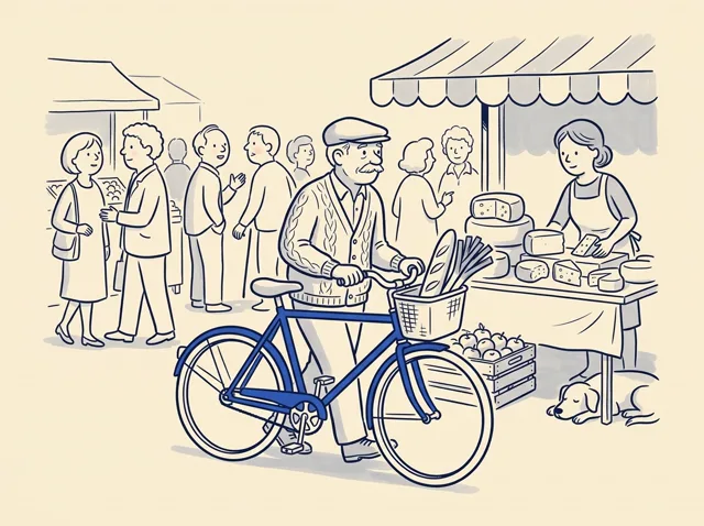 Numa feira de rua, Paul chega empurrando a bicicleta, com pão e alho-poró na cesta. Só a bicicleta está em cor, azul.