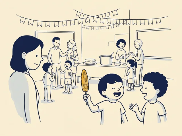 Numa festa junina no pátio de uma escola, com bandeirinhas, uma criança segura uma espiga de milho assado. Só o milho está em cor, amarelo.