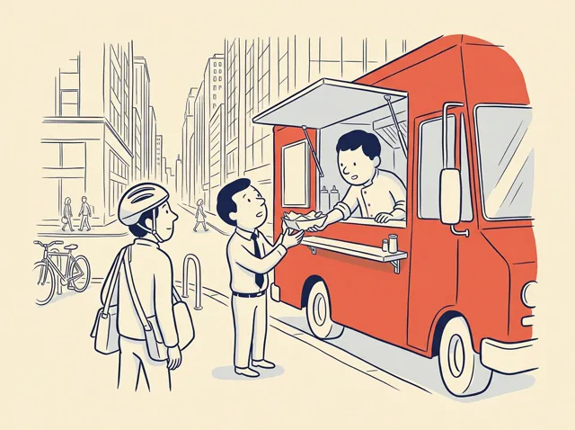 Numa esquina do centro, na hora do almoço, um cozinheiro atende pela janela de um food truck. Só o food truck está em cor, vermelho.