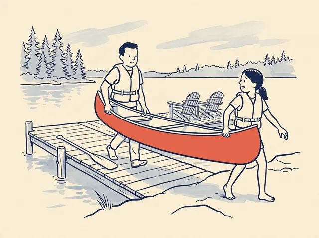 Num lago com pinheiros, pai e filha carregam uma canoa até a água. Só a canoa está em cor, vermelha.