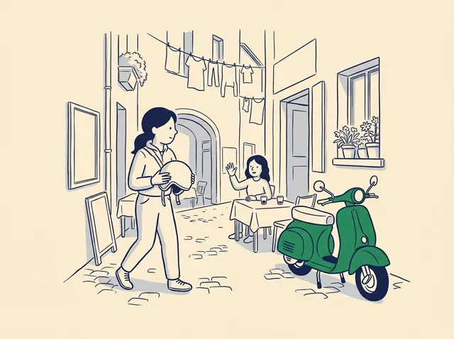 Numa ruela perto da praça, uma moça tira o capacete ao lado da lambreta, e um amigo acena da mesa de um café. Só a lambreta está em cor, verde.