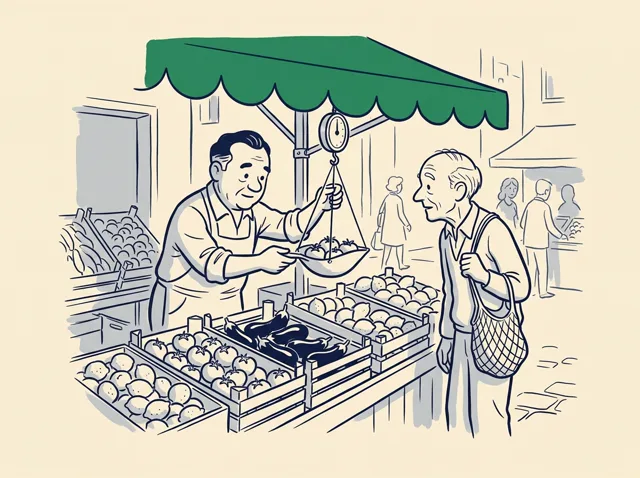 Numa banca de legumes, o vendedor pesa tomates para um senhor. Só o toldo está em cor, verde.