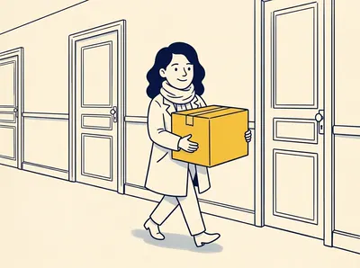 No corredor de um prédio, Mia carrega uma caixa grande de mudança. Só a caixa está em cor, amarela.