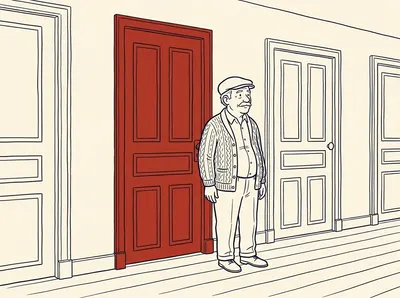 No mesmo corredor, Paul, o vizinho aposentado, está de pé diante da porta dele. Só a porta está em cor, vermelha.