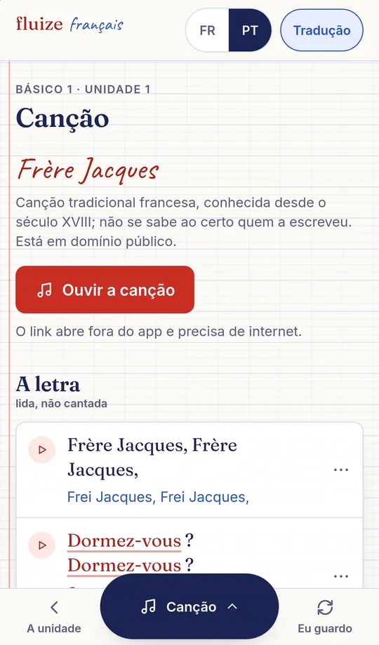 Tela real do modo Canção no celular