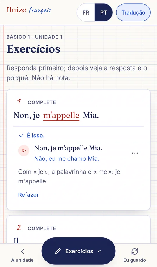 Tela real do modo Exercícios no celular